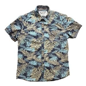 MBX Shirt Mens Large Blue Tan Tropical Leaf Print Button Front Casual Hawaiian